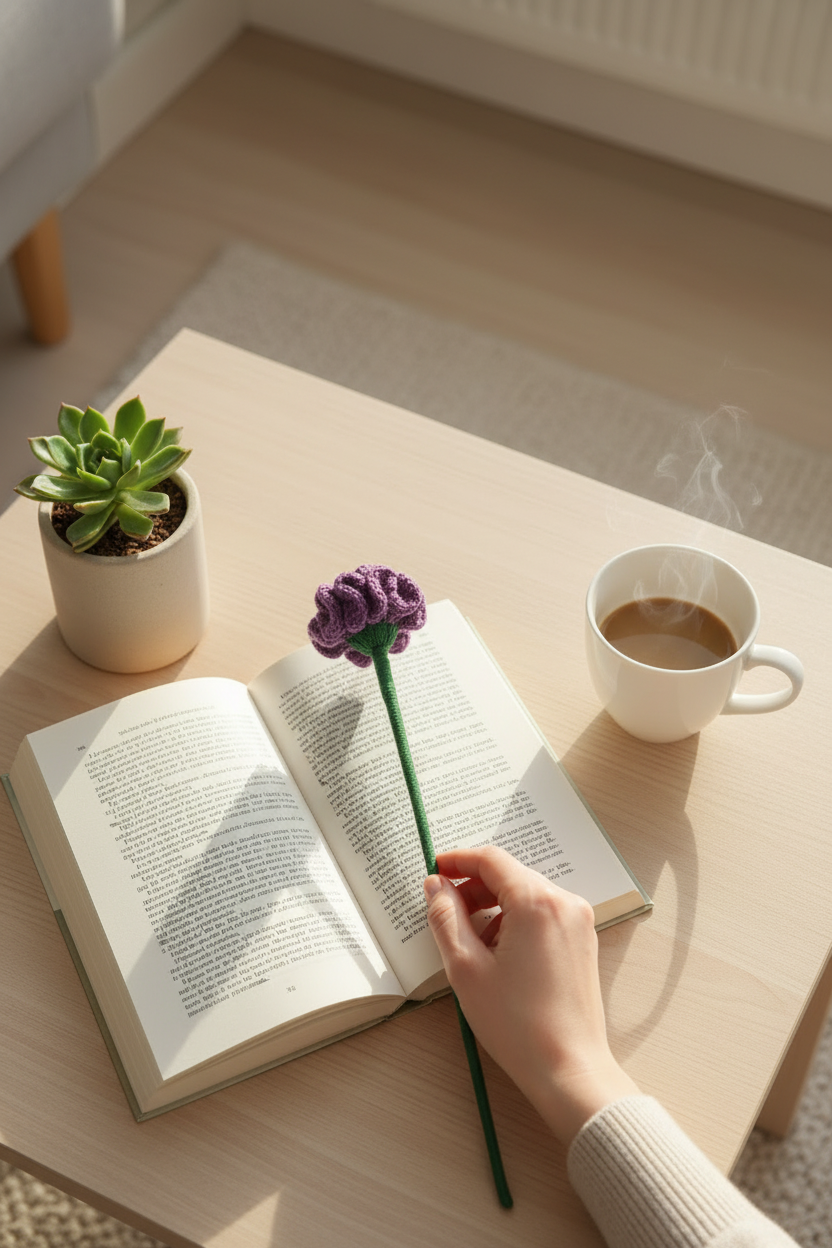 A hand holds a purple knitted flower stem over an open book on a light wood table, with a small potted succulent and a white cup of coffee nearby in a softly lit room.