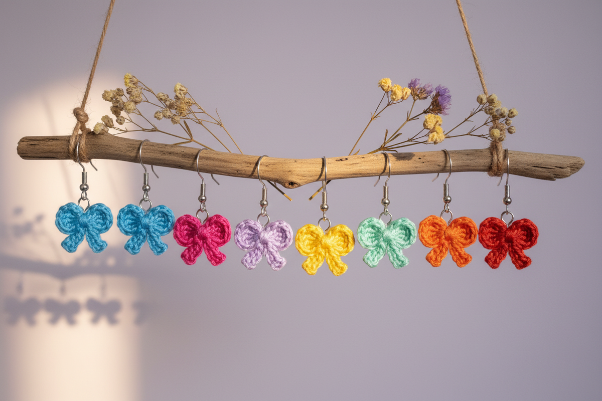 A rustic wooden branch hanging from a string, decorated with dried flowers and adorned with multiple colorful crocheted bow earrings in blue, pink, purple, yellow, mint, orange, and red.