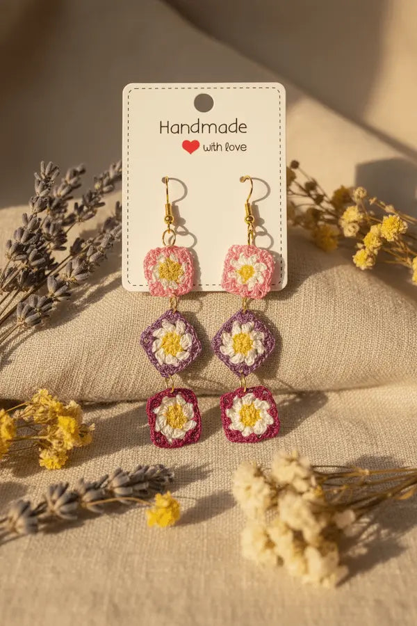 Handmade crocheted flower drop earrings on a white display card, styled with dried lavender and yellow flowers on a beige fabric background.