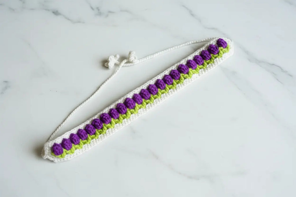 A handmade crochet headband with a white base, purple and lime green textured stripes, and a white adjustable cord closure, displayed on a white marble surface.