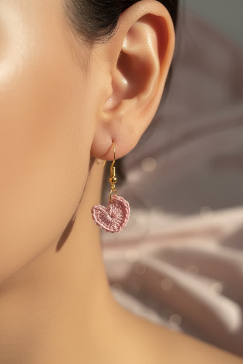 A close-up of a person's ear wearing a small gold hoop earring with a pink embroidered heart-shaped charm.