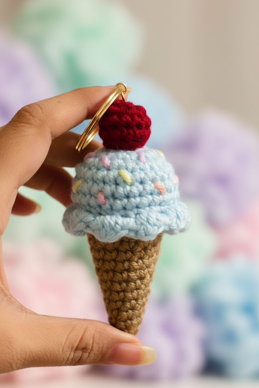 A hand holding a crocheted ice cream cone keychain with a light blue scoop, brown waffle cone, red cherry, and gold key ring, against a soft pastel blurred background.