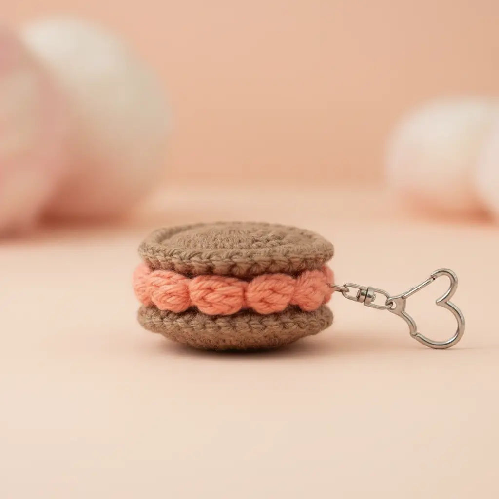 A crocheted macaron keychain charm in brown and peach-pink, featuring a silver metal clasp shaped like a heart, set against a soft peach background.