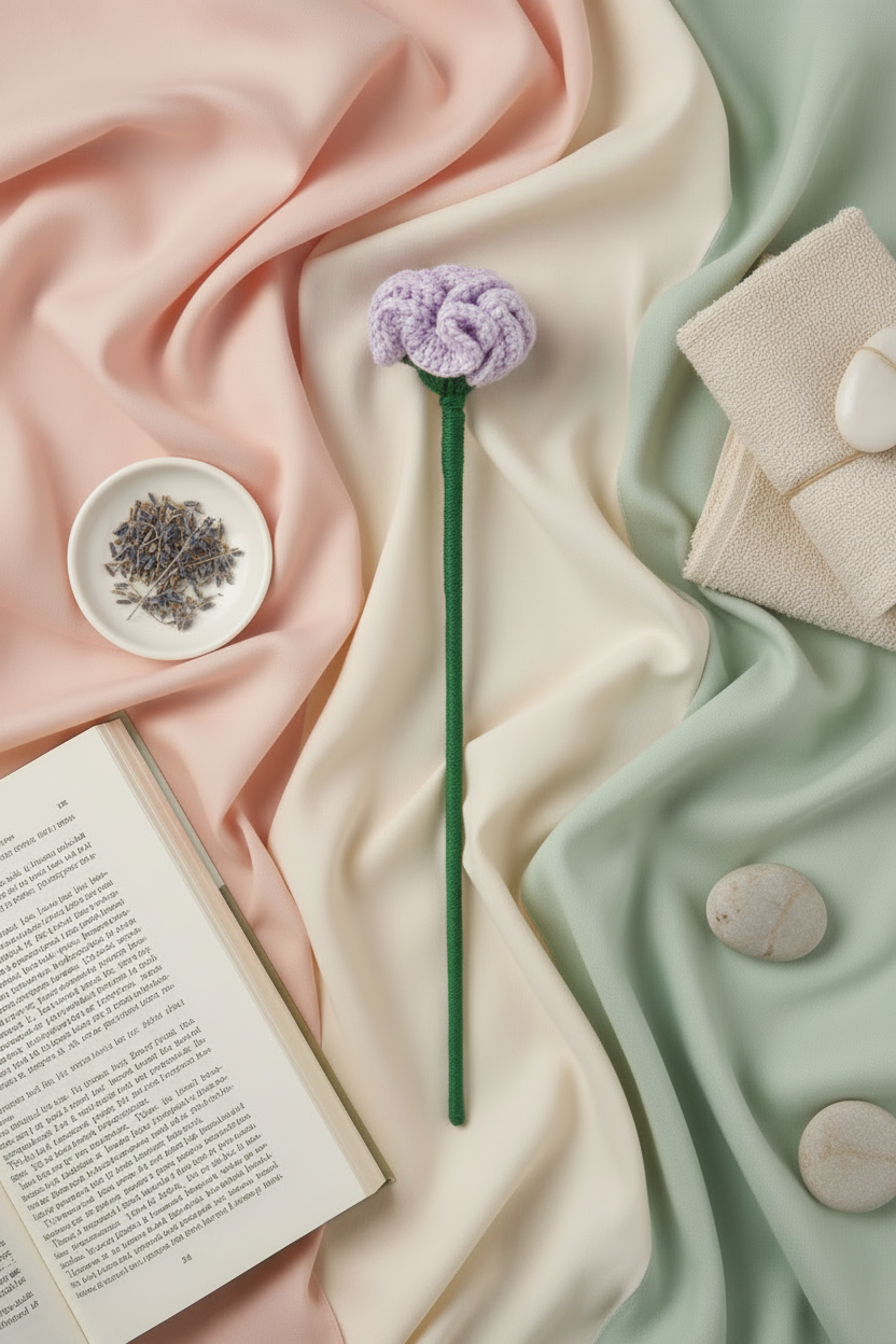 A knitted lavender flower stem prop with a green stem, styled in a flat lay on draped pastel pink, cream, and mint green fabrics with an open book, a small dish of dried lavender, and folded towels.