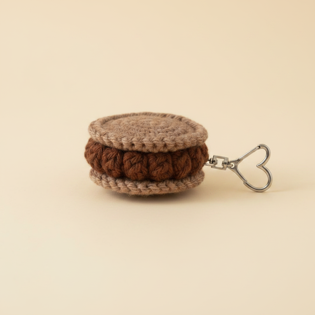 A crocheted keychain shaped like a sandwich cookie, with a beige top and bottom and a dark brown textured center, attached to a silver metal clasp with a heart-shaped end, on a solid beige background.
