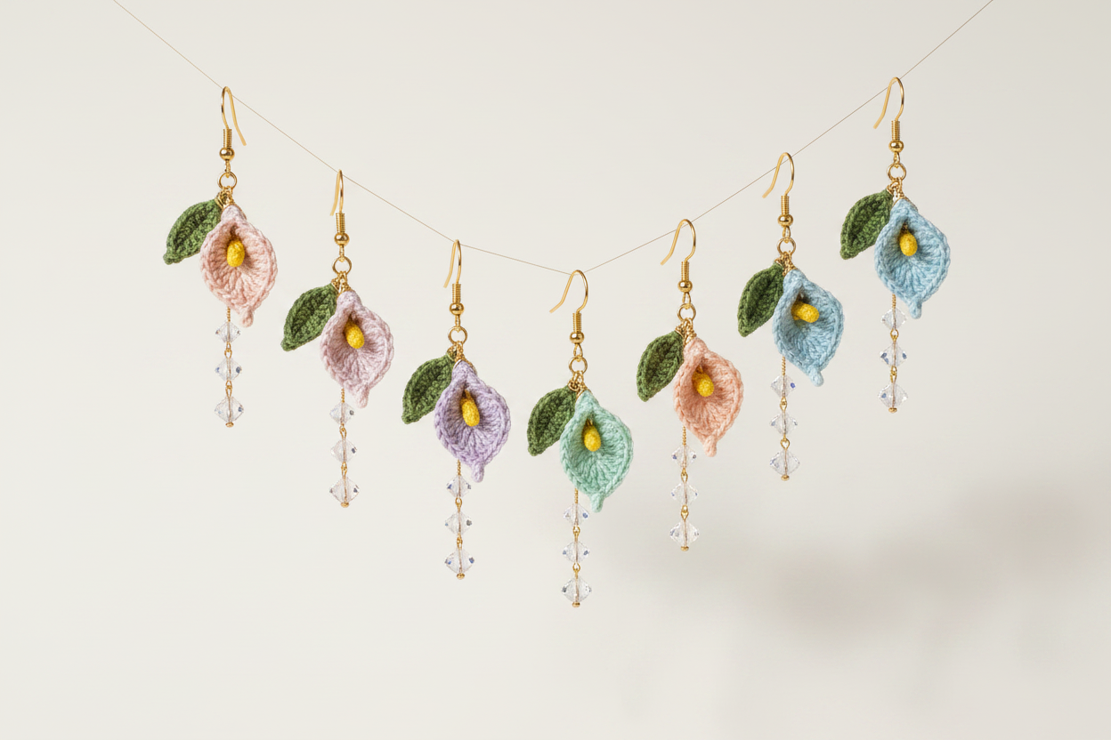A set of dangling earrings hanging from a thin string against a plain light background. Each earring features a small crocheted flower in pastel pink, lavender, mint, or blue with green leaves and a yellow center, finished with gold hooks and clear dangling beads.