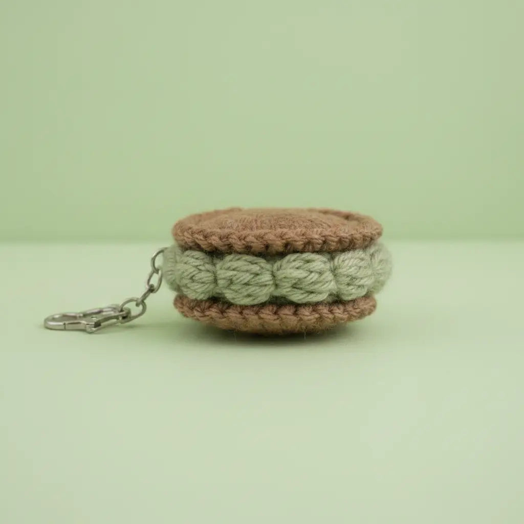 A small crocheted keychain shaped like a sandwich cookie, with brown top and bottom layers and a pale mint green braided center, attached to a silver metal clasp on a light mint green background.