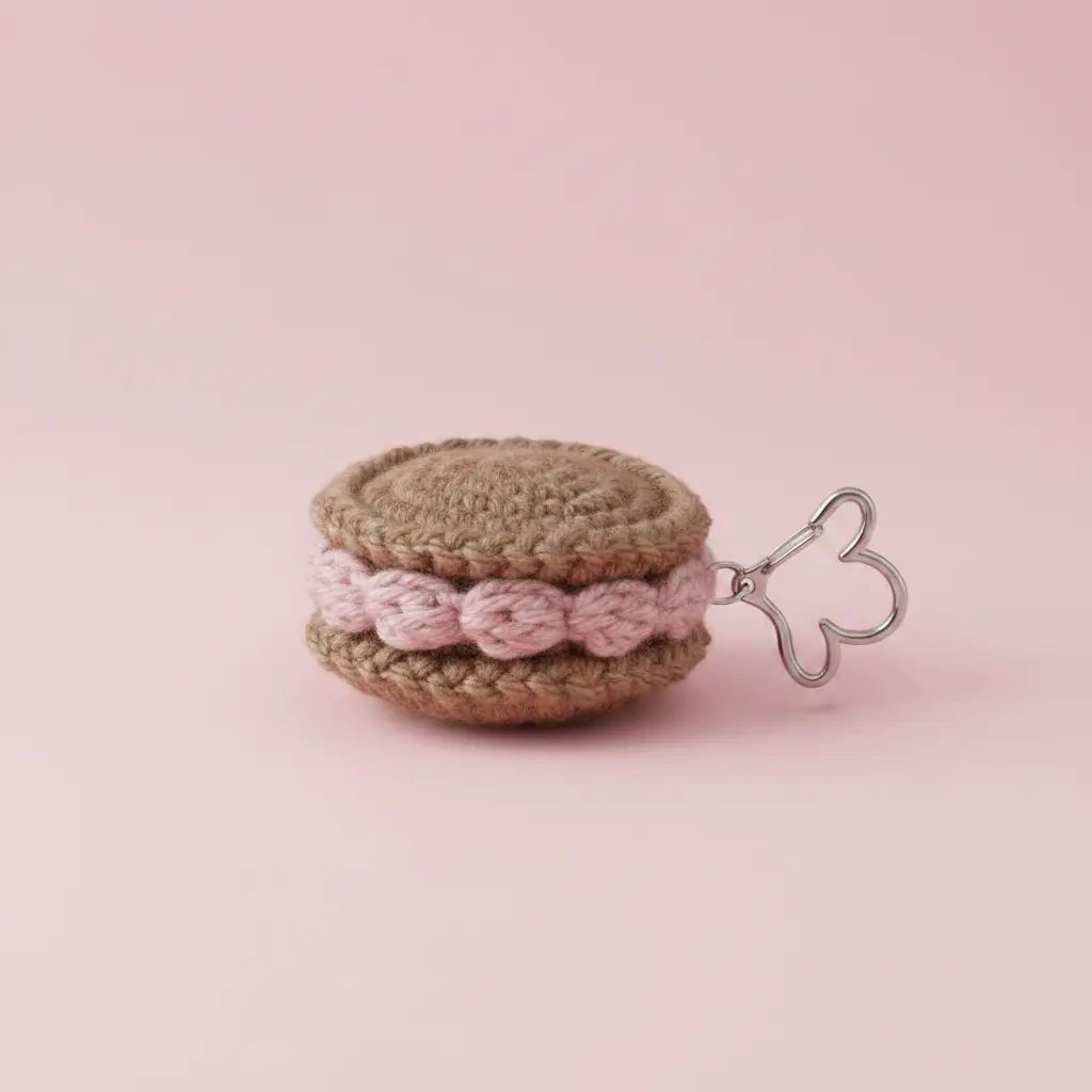 A small crocheted macaron keychain in beige and light pink, featuring a silver metal keyring shaped like a heart, set against a solid light pink background.