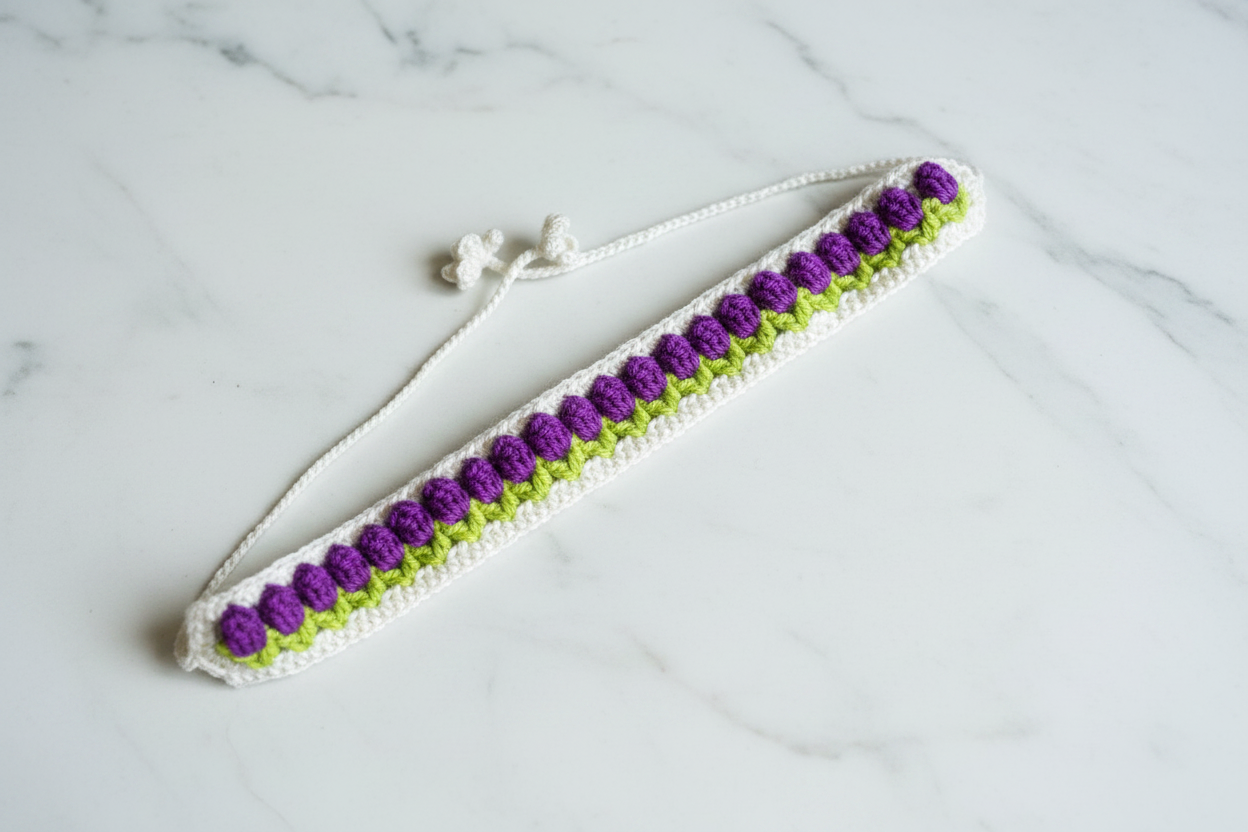 A handmade crochet headband with a white base, purple and lime green textured stripes, and a white adjustable cord closure, displayed on a white marble surface.