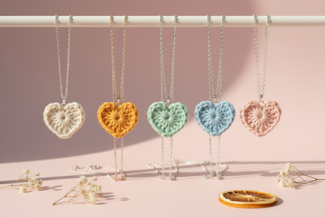 Five crocheted heart-shaped pendant necklaces in cream, mustard yellow, mint green, light blue, and dusty pink, hanging from silver chains from a white rod against a soft pink background.