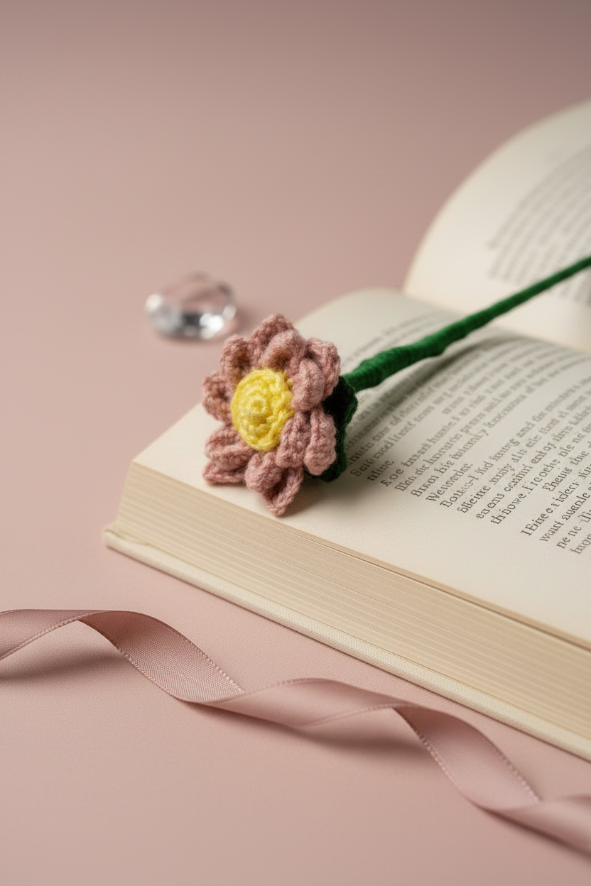 A crocheted flower bookmark in dusty pink and yellow rests on an open book, with a green stem and ribbon on a soft pink background.