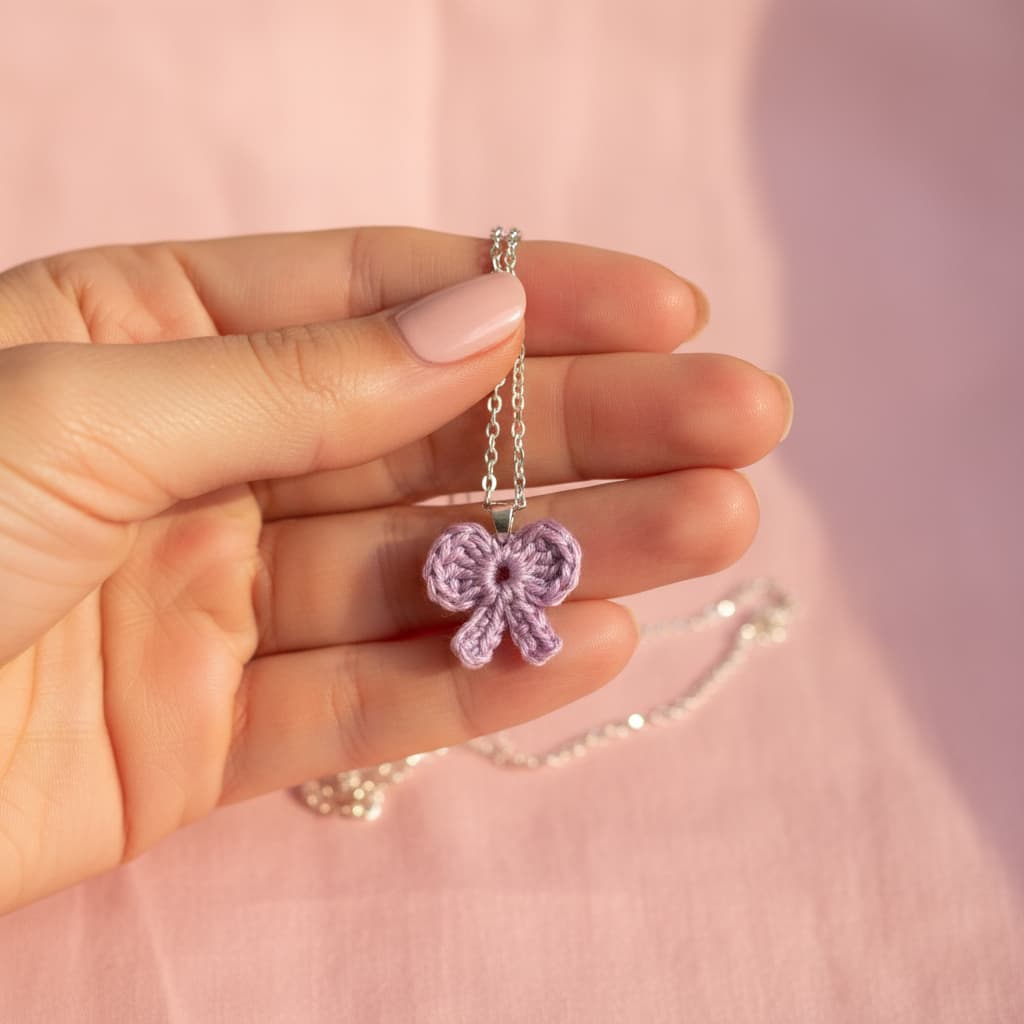 A hand with light pink manicured nails holds a delicate silver chain necklace featuring a small, crocheted lavender-purple bow pendant, set against a soft pink fabric background.