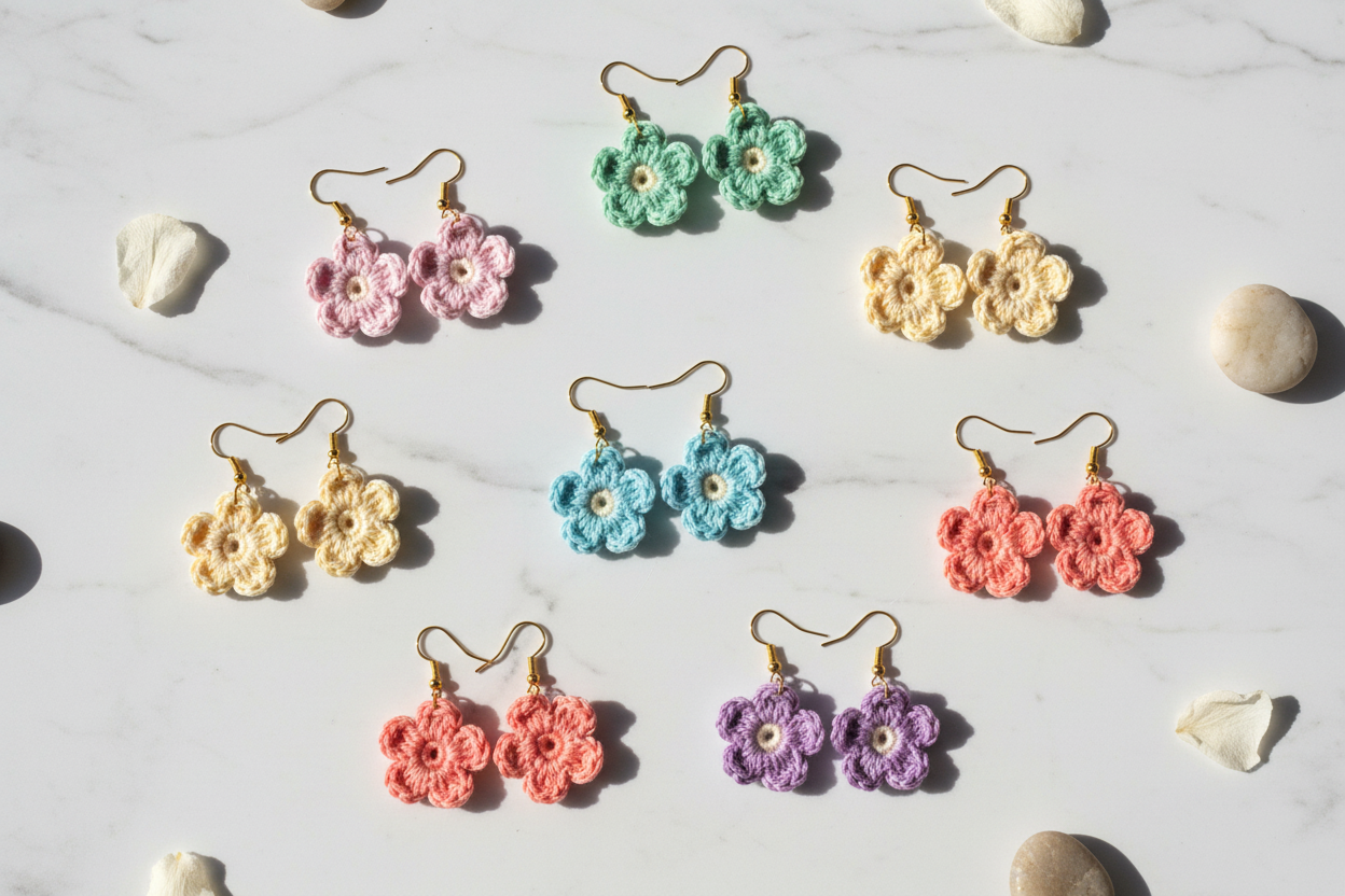 Nine pairs of handmade crocheted flower dangle earrings in various pastel colors (pink, green, yellow, blue, coral, purple) with gold hooks, arranged on a white marble surface with small seashells.