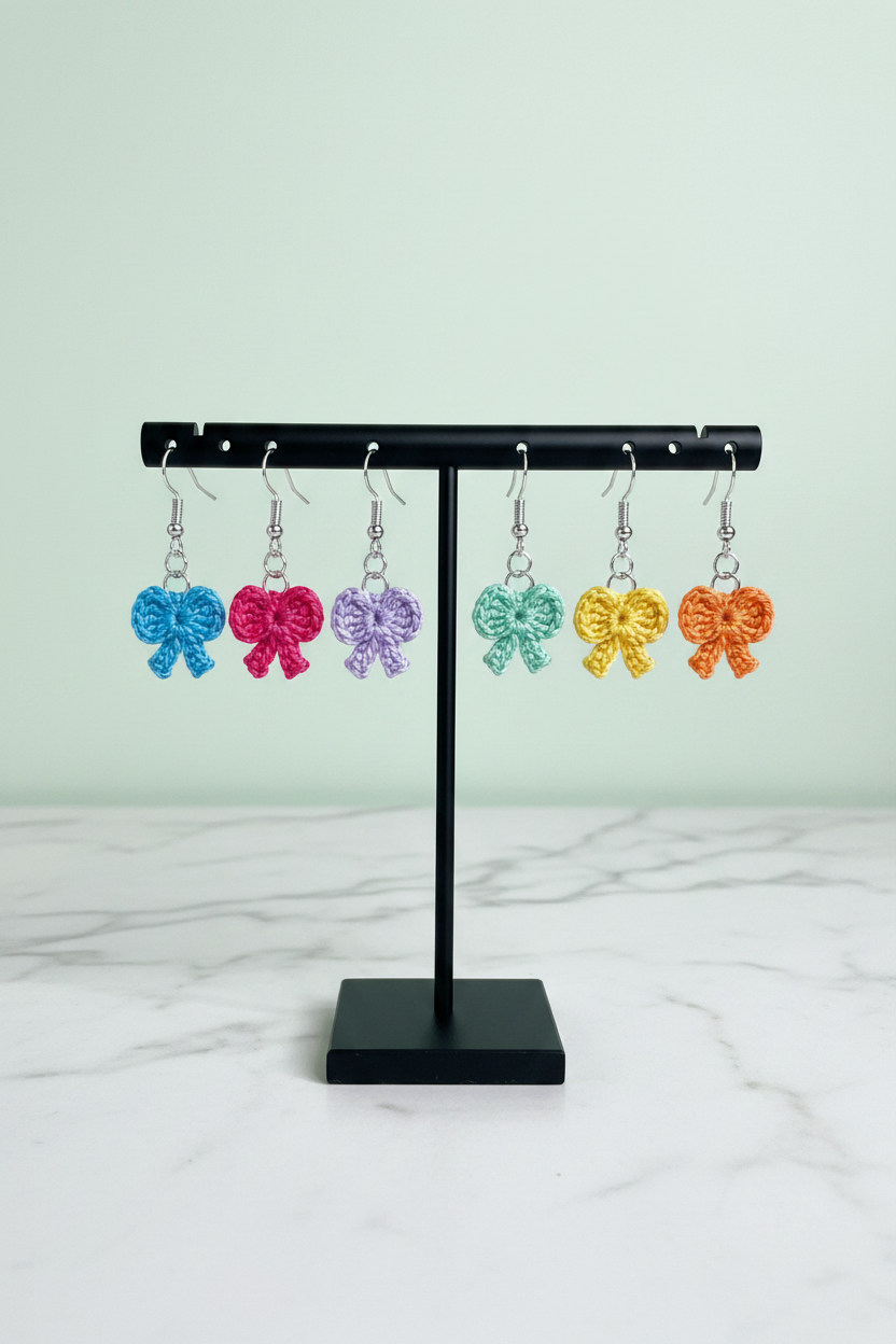 Six colorful bow-shaped dangle earrings in blue, pink, purple, mint green, yellow, and orange, displayed on a black T-stand against a pale green background and white marble surface.