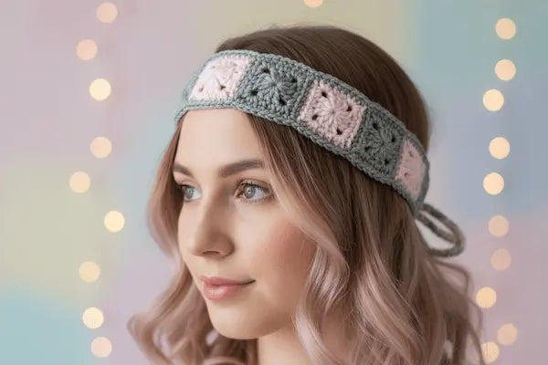 A woman wearing a crocheted headband with a gray base and pale pink granny square motifs, shown in a soft-focus portrait against a pastel background with warm bokeh lights.