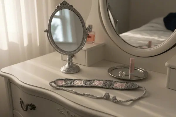 A crocheted headband with pink and gray stripes and knotted ends, displayed on a white vanity table next to a silver-framed mirror in a softly lit bedroom setting.