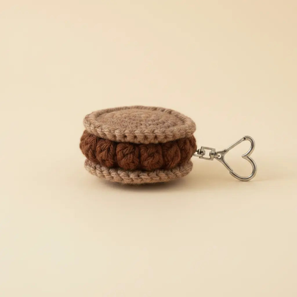 A crocheted keychain shaped like a sandwich cookie, with a beige top and bottom and a dark brown textured center, attached to a silver metal clasp with a heart-shaped end, on a solid beige background.
