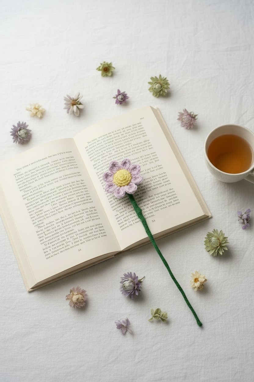 A purple and yellow knit flower bookmark with a long green stem rests on an open book on a white fabric surface, surrounded by small dried flowers and a cup of tea.