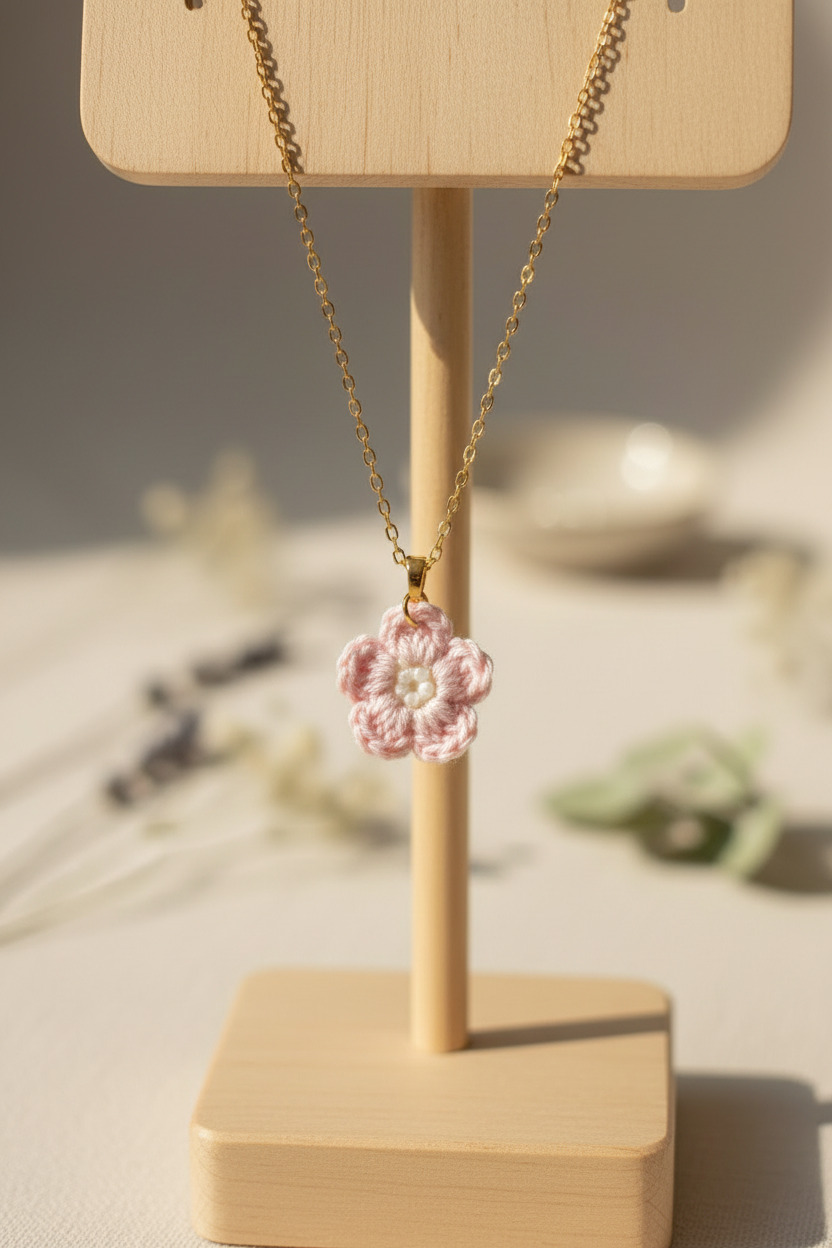 Necklace with a pink flower pendant on a wooden stand with a neutral background