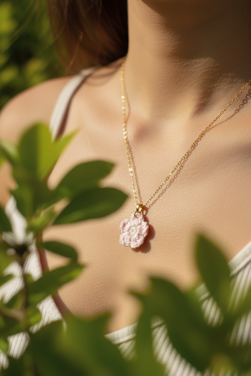 A close-up lifestyle shot of a woman wearing a delicate gold chain necklace with a light pink flower-shaped pendant, framed by soft green leaves in the foreground.