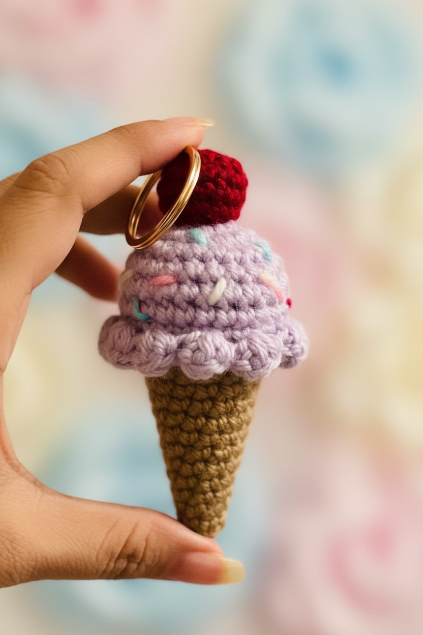 A hand holding a crocheted ice cream cone keychain with a light purple scoop, brown waffle cone, red cherry, and a gold metal key ring, set against a soft pastel blurred background.