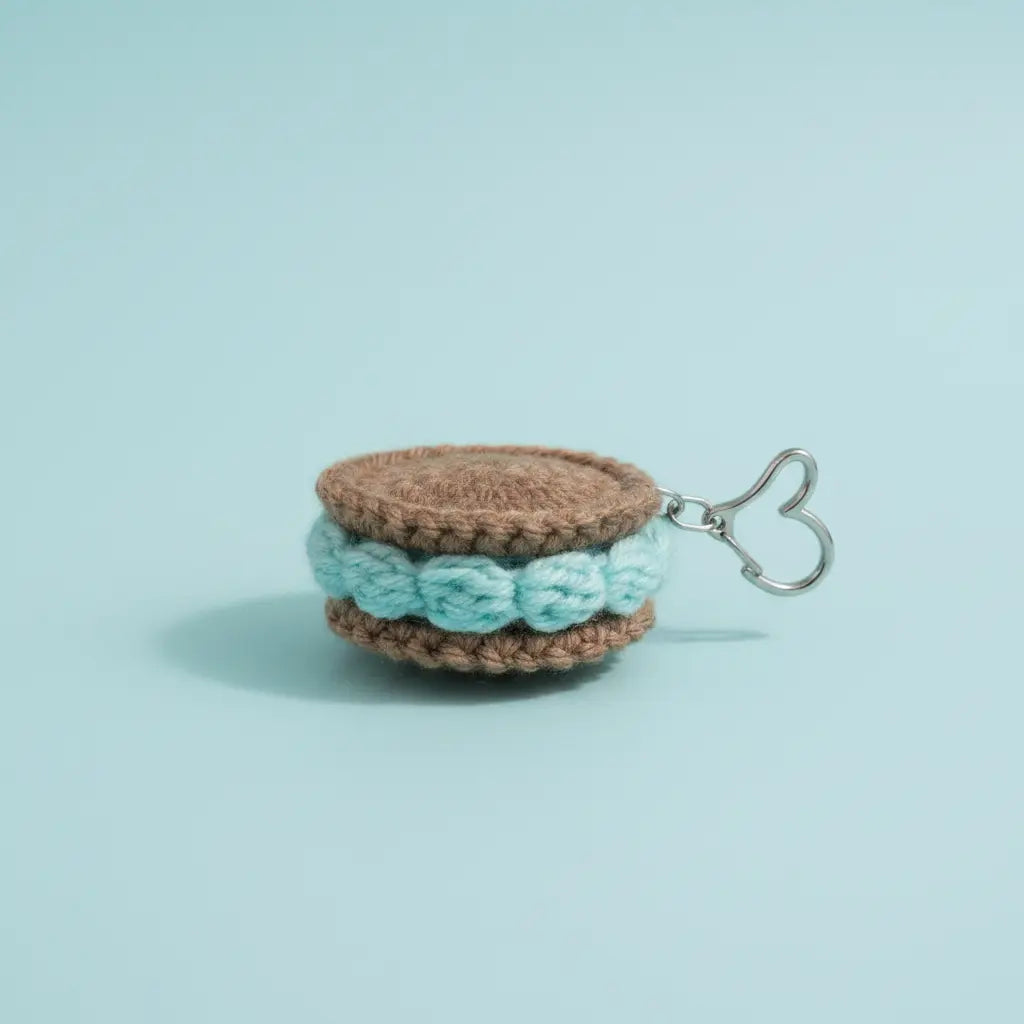 A crocheted macaron keychain featuring light brown cookie layers and mint green frosting, attached to a silver metal clasp with a heart-shaped end, set against a solid light blue background.