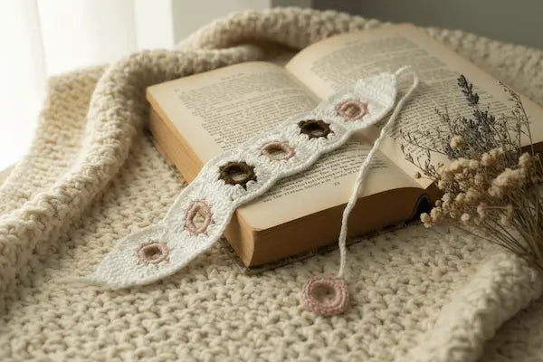 A handmade crochet bookmark with pink and brown floral details rests on an open vintage book, draped over a chunky cream knit blanket with dried flowers nearby.