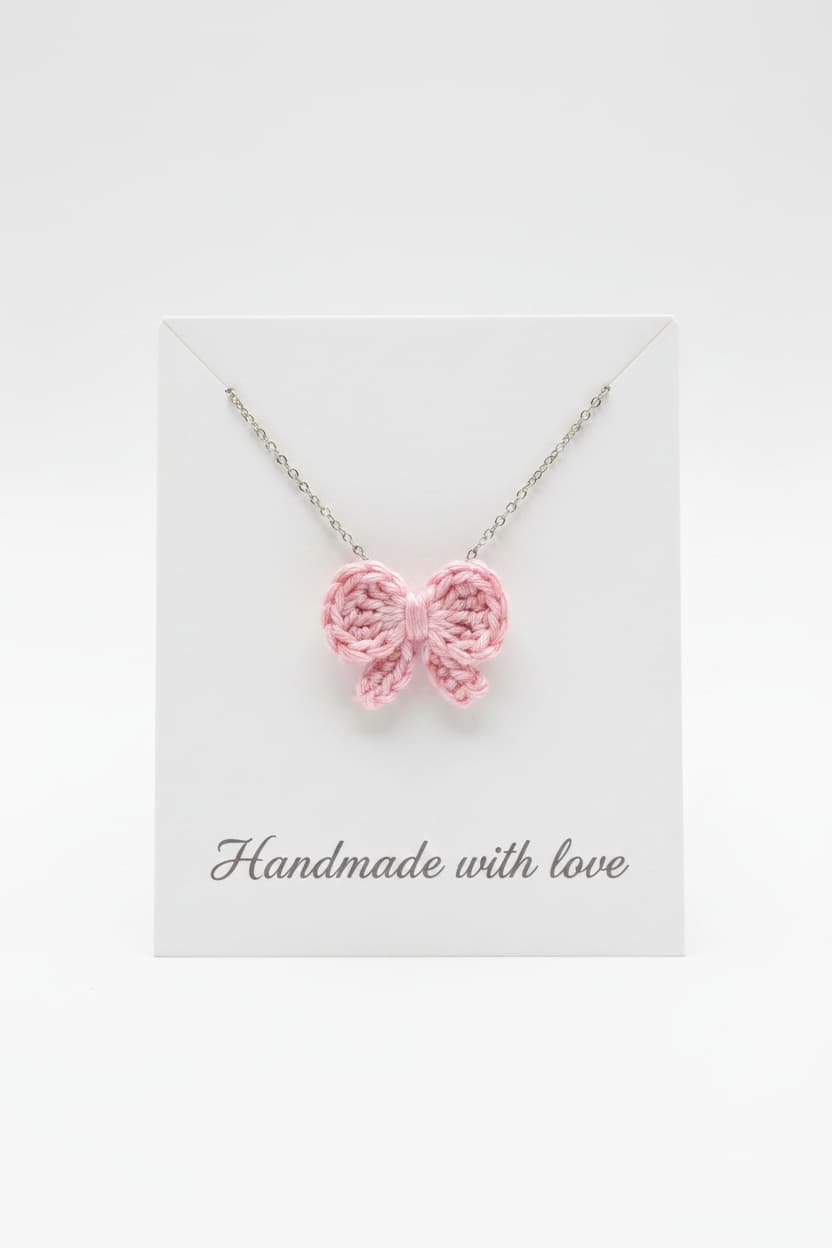 A pink crocheted bow pendant necklace on a delicate silver chain, displayed on a white card that reads 'Handmade with love' against a clean white background.