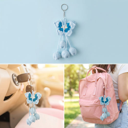 A crocheted butterfly-shaped keychain charm in light blue and white, shown hanging from keys in a car door, on its own against a pale blue background, and attached to a pink backpack worn by a person outdoors.