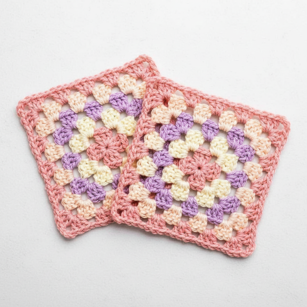 Two handmade crocheted square coasters with a colorful granny square pattern in pink, purple, and cream, displayed on a light gray background.