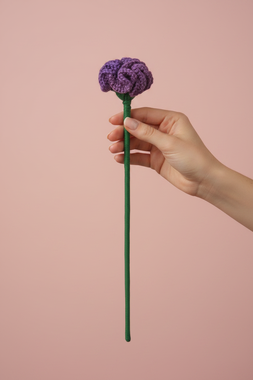 A hand holding a novelty long-stemmed flower with a purple knitted brain-shaped bloom and a green stem, set against a solid dusty pink background.