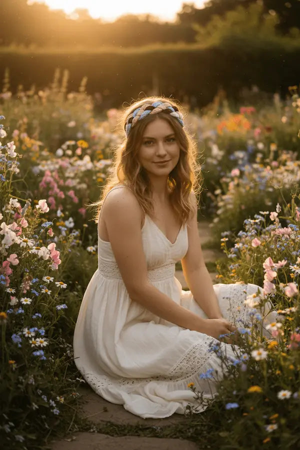 A woman wearing a white sleeveless boho-style dress and a blue patterned headband sits in a sunlit field of wildflowers.