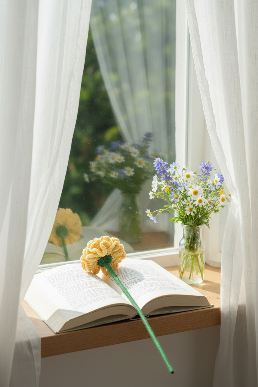 A yellow knitted sunflower with a green stem rests on an open book on a wooden windowsill, next to a small glass vase of wildflowers, framed by white sheer curtains.