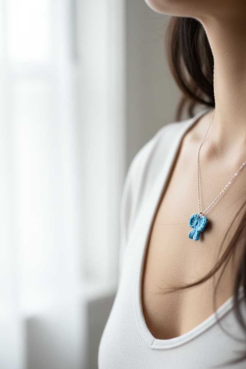A close-up lifestyle shot of a woman wearing a silver chain necklace with a small, textured blue flower-shaped pendant, set against a soft, bright, blurred background.