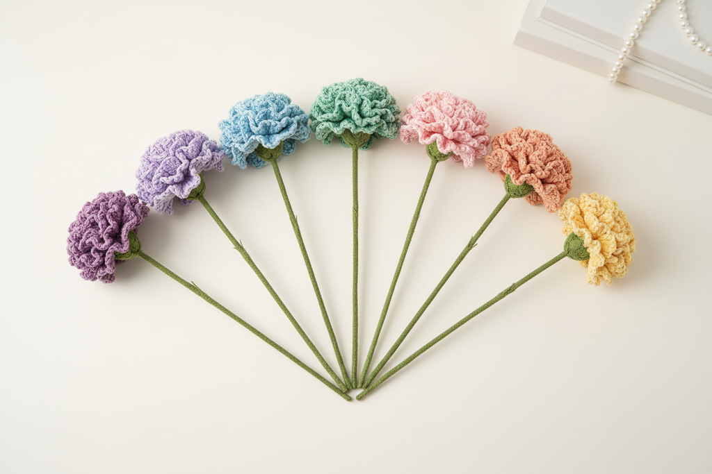 Seven knitted carnation flowers in pastel colors arranged in a fan shape on a light cream background.