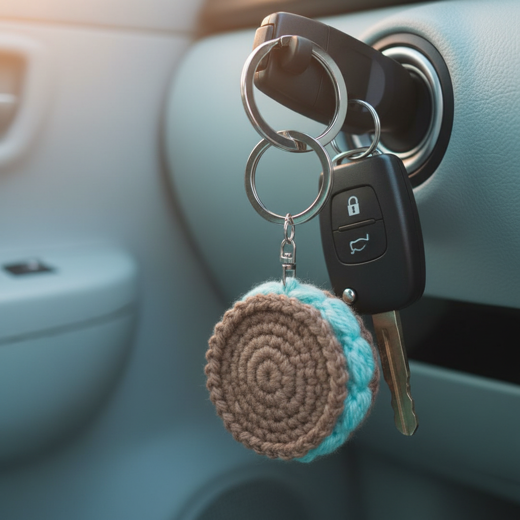 A round crocheted keychain with a brown and light blue striped pattern hangs from a key ring attached to a car key fob and ignition.
