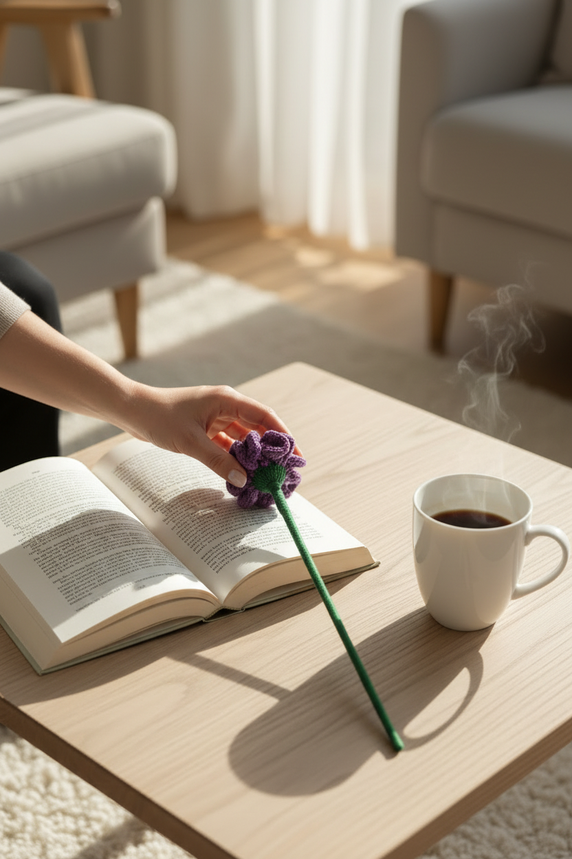 A person's hand holds a purple flower-shaped straw resting on an open book on a light wood table next to a white mug of coffee in a bright, modern living room.