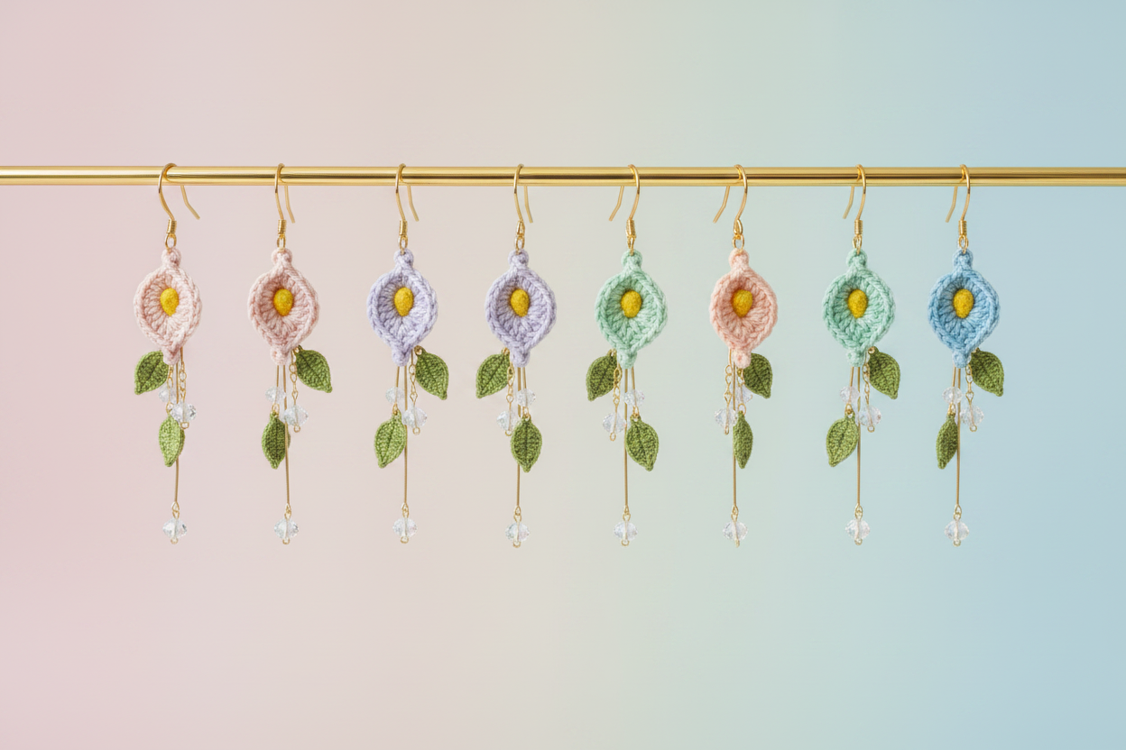 A set of nine handmade crocheted dangle earrings hanging from a gold rod against a soft pastel gradient background. The earrings feature floral motifs in pastel pink, lavender, mint green, and blue, with green leafy accents and dangling clear beads.