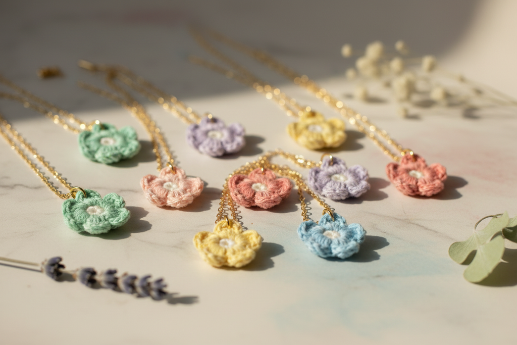 A set of pastel crocheted flower necklaces with gold chains, displayed on a light marble surface with decorative dried flowers and a green leaf.