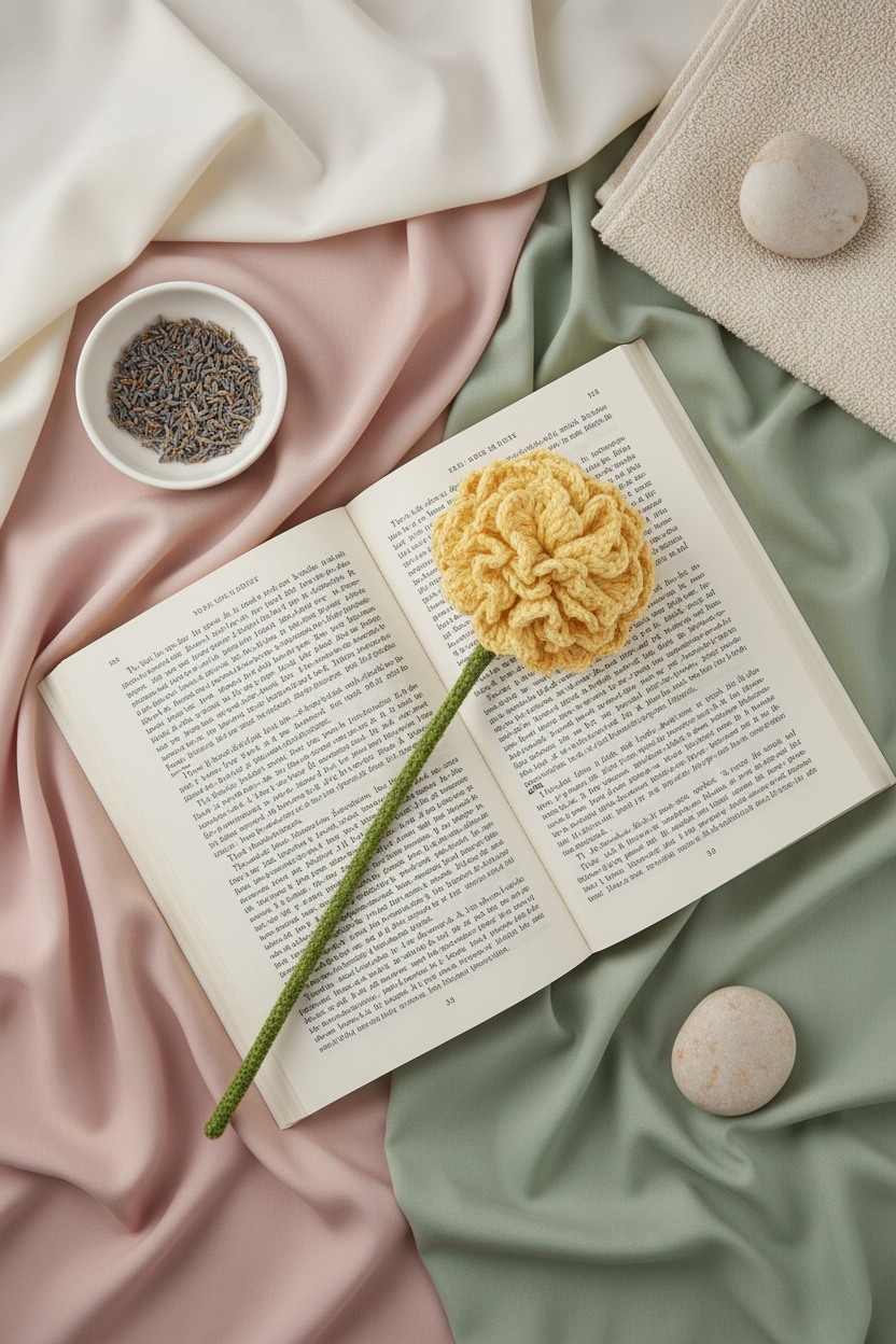 A yellow textured scrubber sponge on a green stem rests across an open book, styled on draped satin fabric with a small bowl of lavender, a folded towel, and smooth stones.