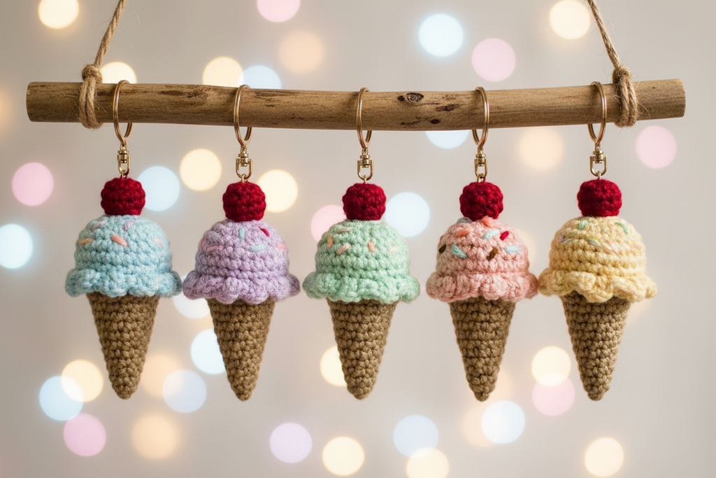 Five crocheted ice cream cone ornaments hang from a natural wood dowel with twine. Each cone has a different pastel scoop color—light blue, lavender, mint green, pink, and cream—and a red yarn cherry on top.