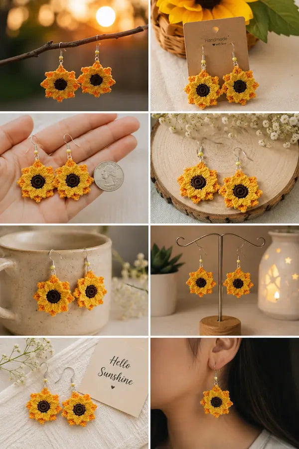 A 3x3 collage showing handmade sunflower-shaped dangle earrings in multiple styling contexts: hanging from a branch, displayed on a card, held in a hand with a coin for scale, on a wooden slice with flowers, draped over a mug, on a stand, with a card reading 'Hello Sunshine,' and worn on an ear.
