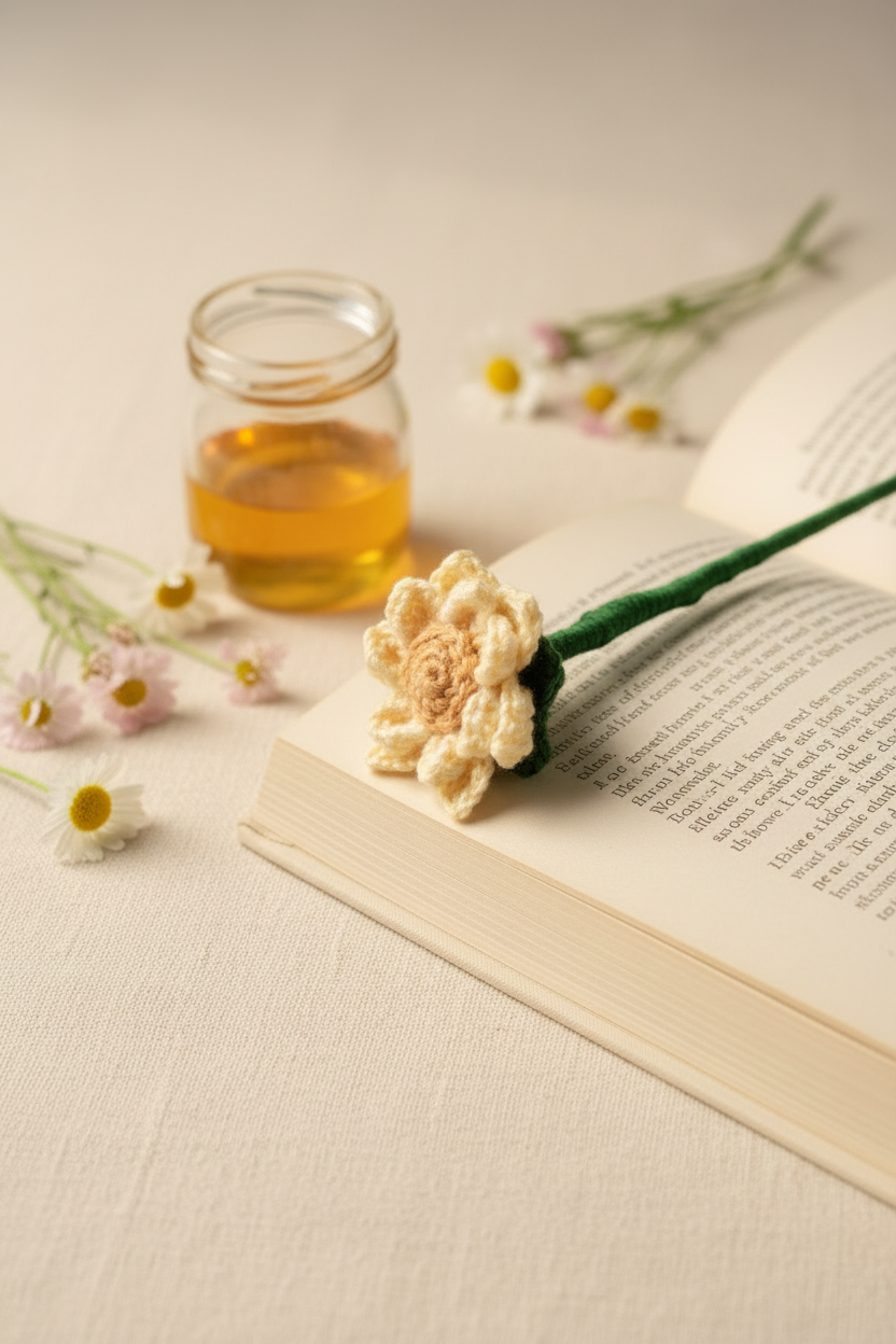 A cream crocheted flower bookmark with a green stem rests on an open book. A small glass jar of honey and scattered white daisies are styled in the background on a beige fabric surface.