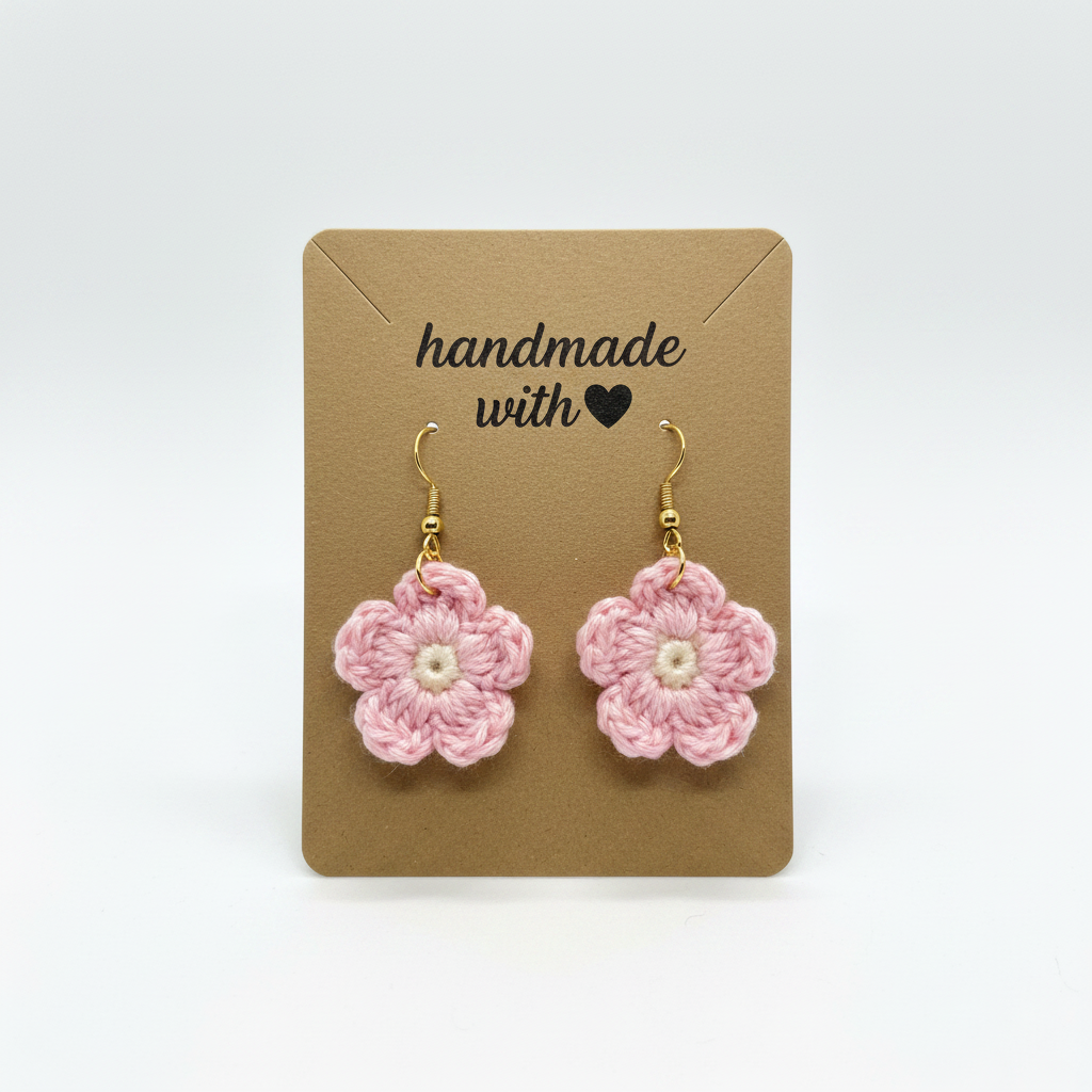 A pair of handmade pink crochet flower dangle earrings with gold hooks and white centers, displayed on a brown kraft card that reads 'handmade with a heart'.