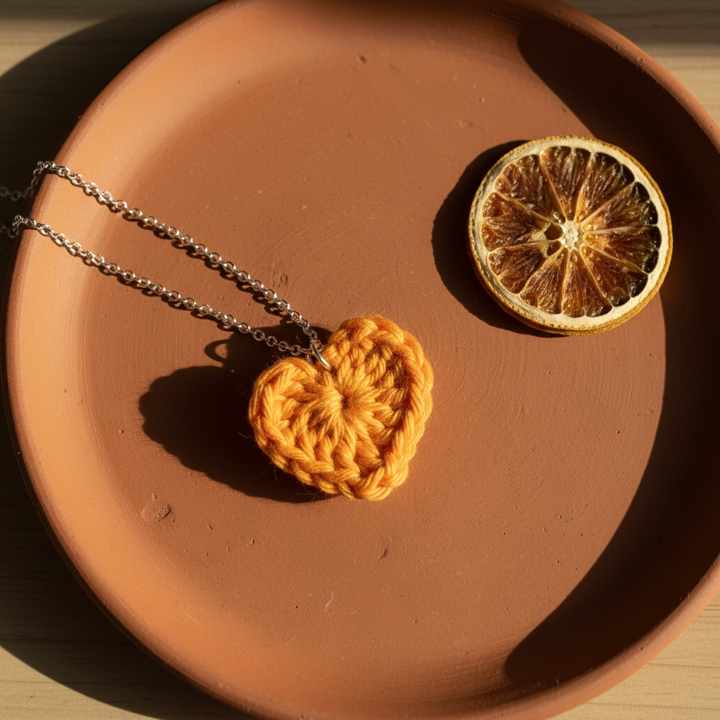Crocheted orange heart pendant on a chain next to a dried orange slice on a brown plate.