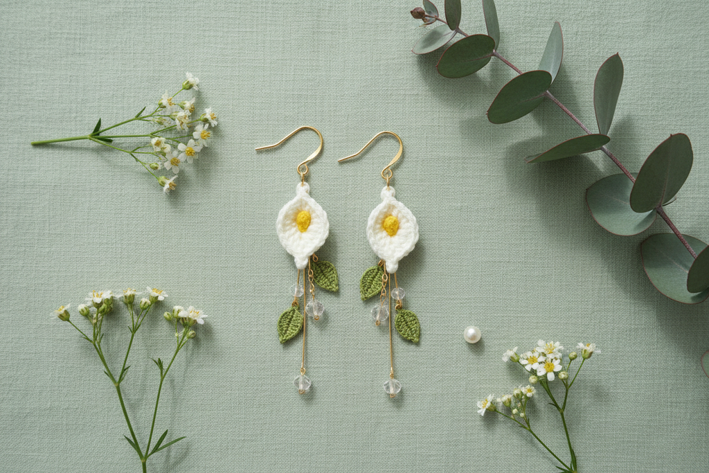 A pair of handmade crocheted daisy earrings with gold hooks, white petals, yellow centers, and green leaves, displayed on a textured sage green background with small white flowers and eucalyptus leaves.