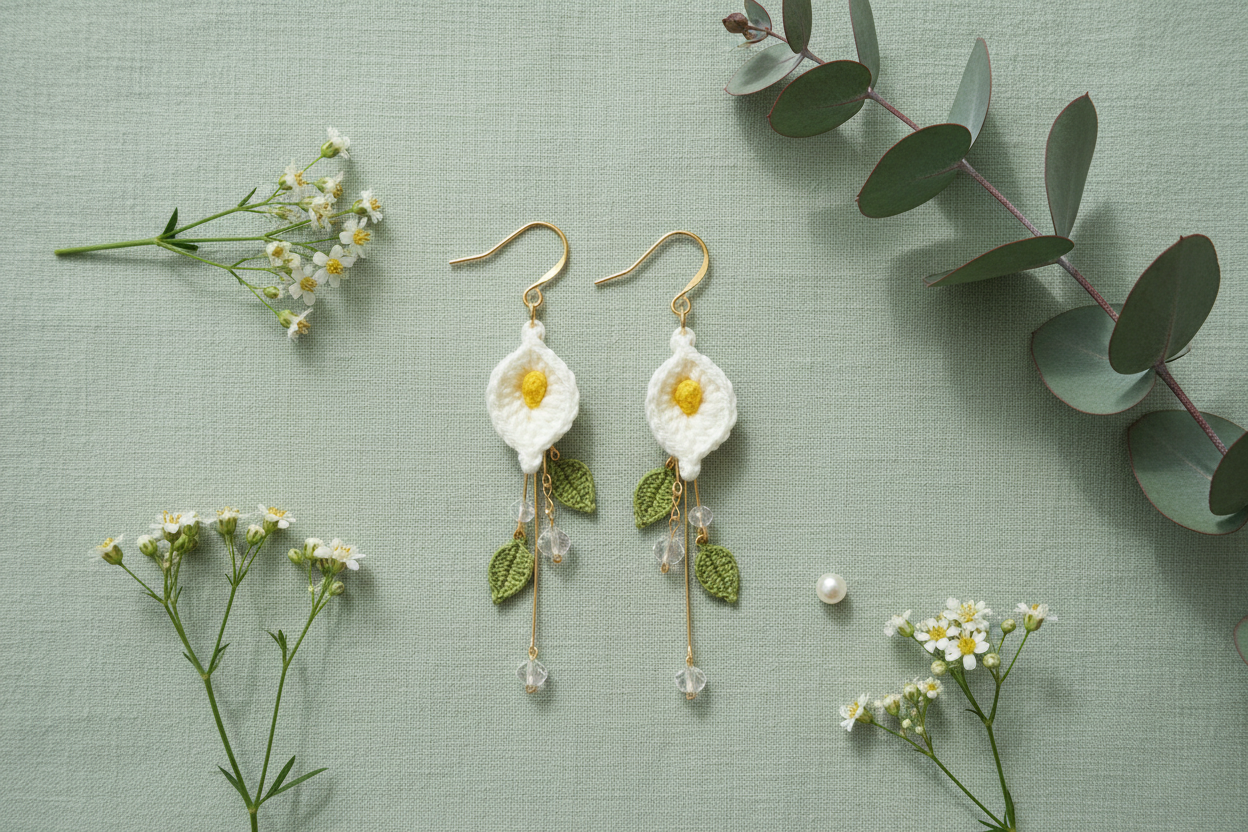 A pair of handmade crocheted daisy earrings with gold hooks, white petals, yellow centers, and green leaves, displayed on a textured sage green background with small white flowers and eucalyptus leaves.