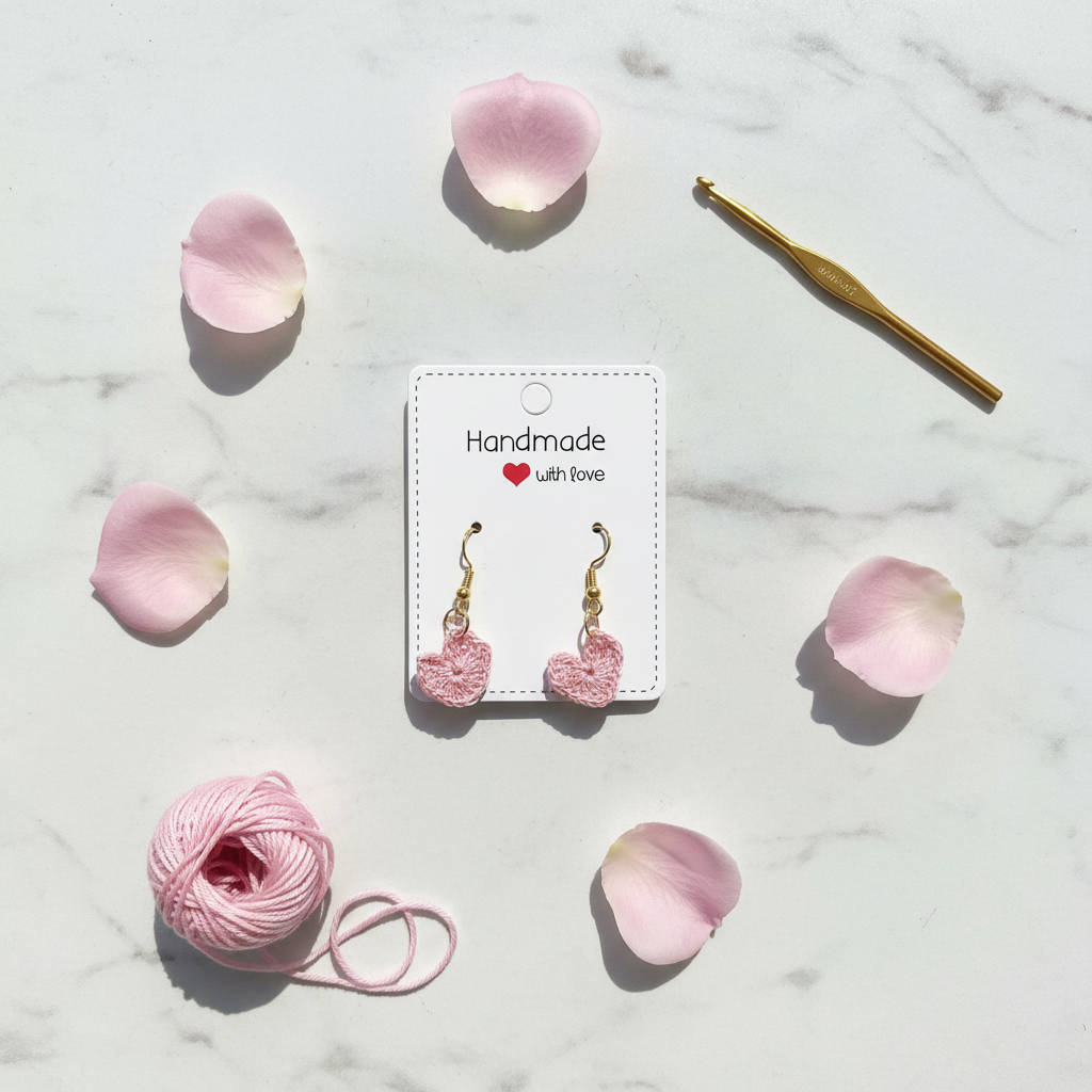 Pink crocheted heart dangle earrings on a white 'Handmade with love' display card, styled in a flat lay with pink yarn, crochet hook, and pink flower petals on a white marble background.