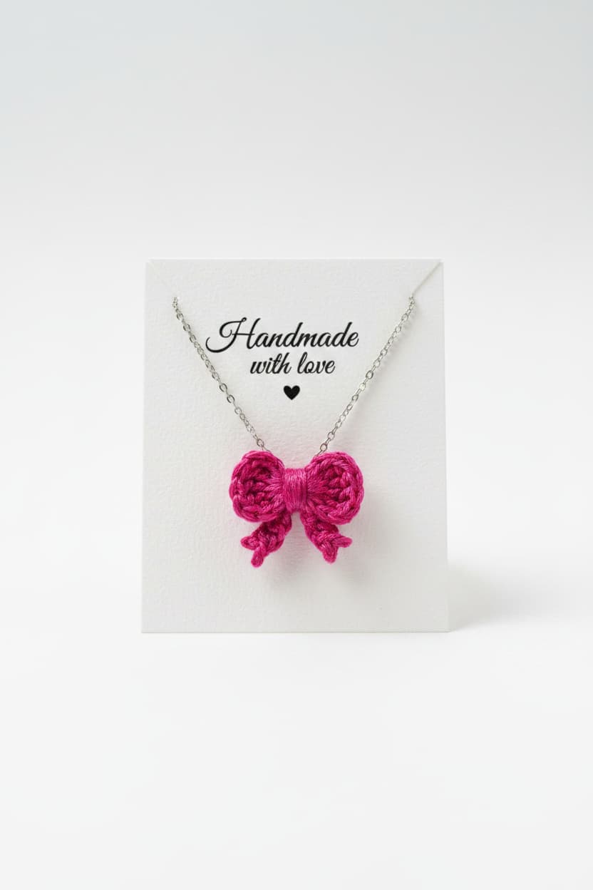 A handmade bright pink crochet bow pendant necklace on a silver chain, displayed on a white card that reads 'Handmade with love' against a clean white background.