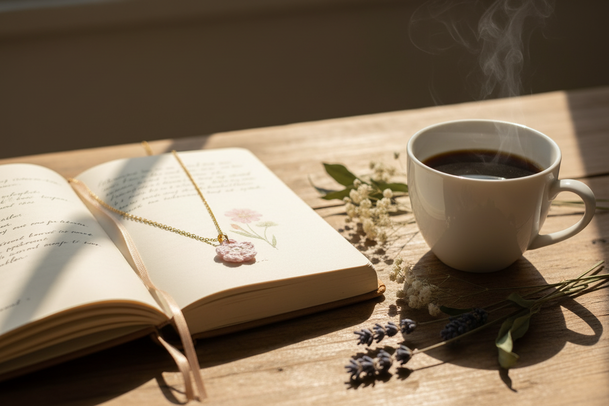 A gold necklace with a pink flower pendant rests on an open book on a wooden table, next to a white cup of black coffee with steam rising, decorated with small white flowers and lavender.
